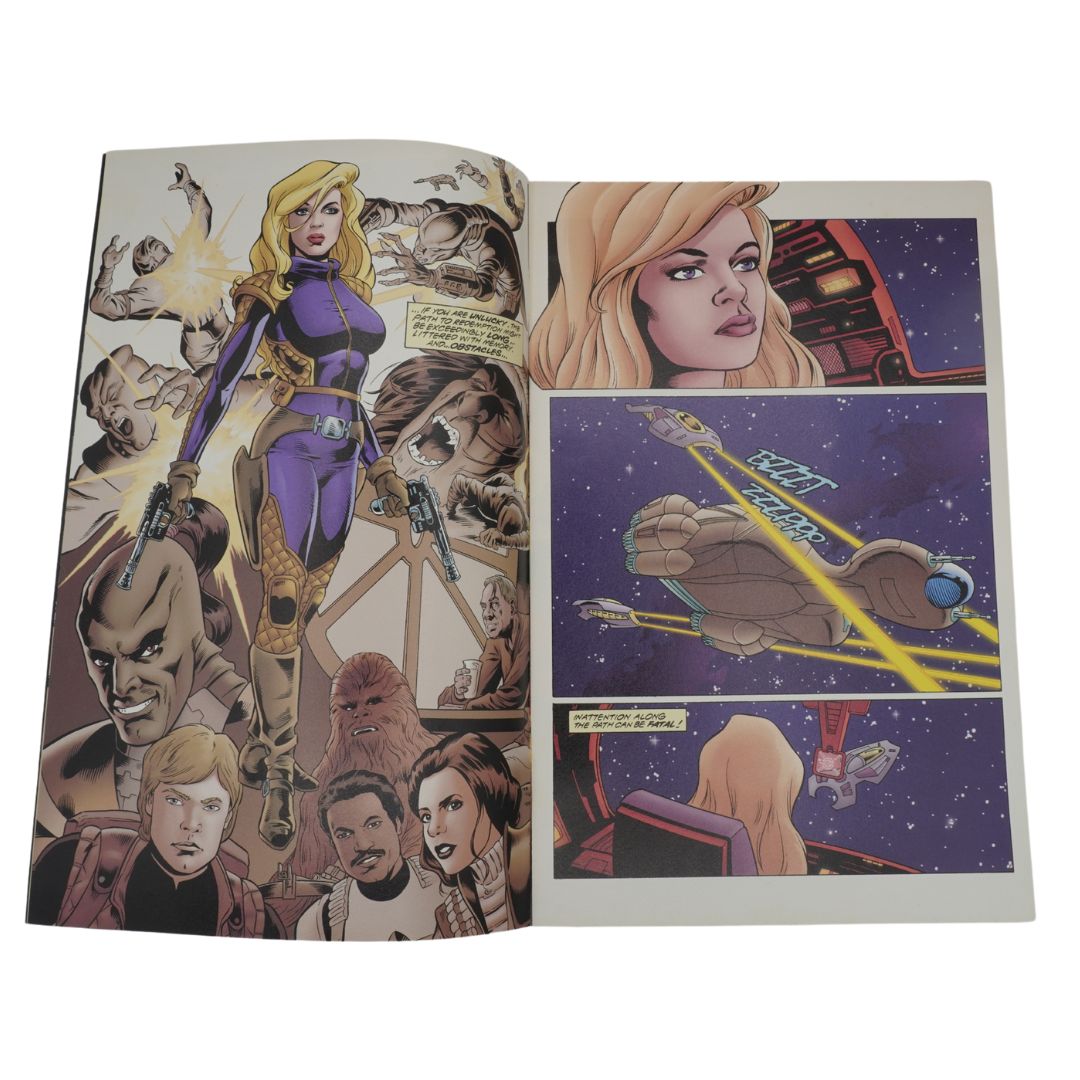 Comic book open to a page with colorful illustrations of characters and space-themed scenes.