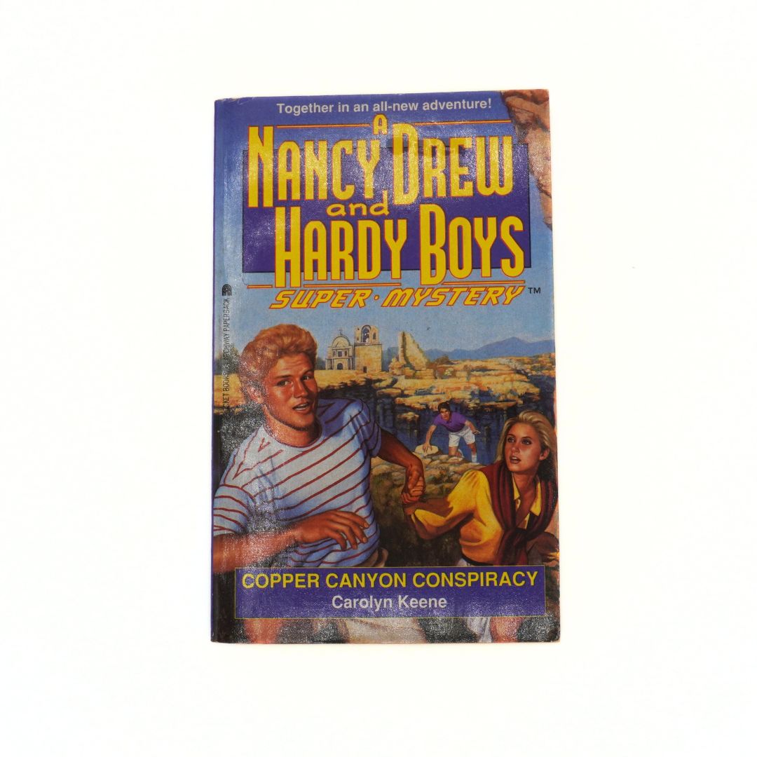 Book cover of 'Copper Canyon Conspiracy' by Carolyn Keene featuring Nancy Drew and Hardy Boys.