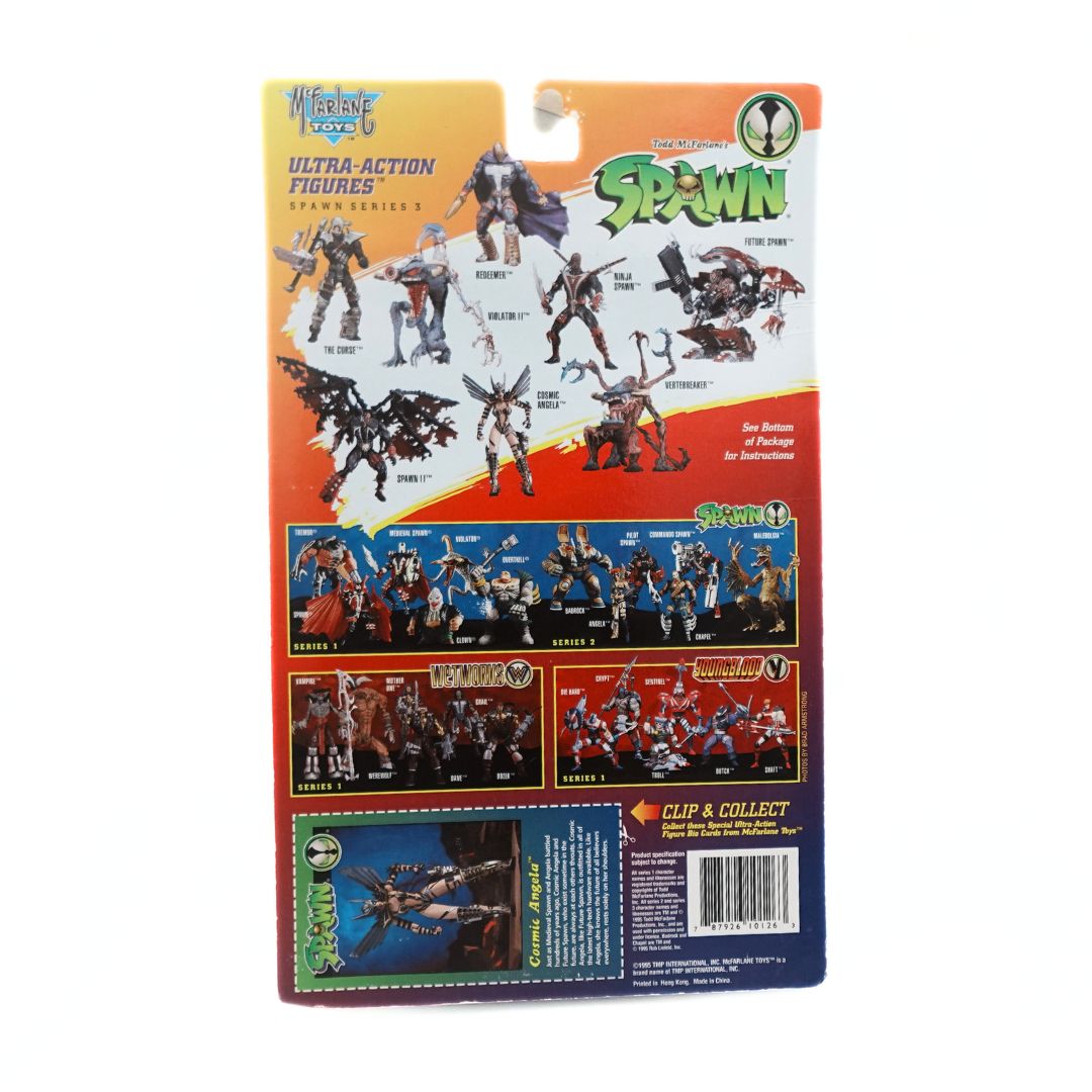 Cardback on a 1995 Spawn action figure showing the other characters in the collection