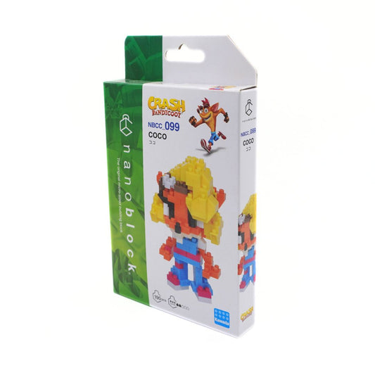 Nanoblocks Crash Bandicoot Coco model 099 toy box, featuring Crash and Coco figures on a white and green packaging design.
