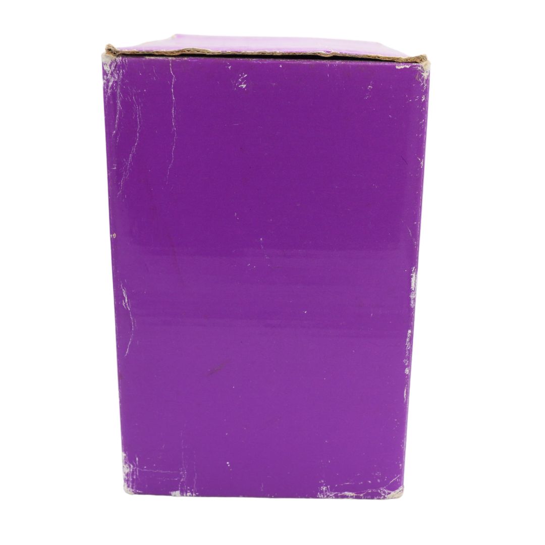 A purple rectangular cardboard box with a glossy finish, showing some scuffs and wear on the edges, isolated on a white background.