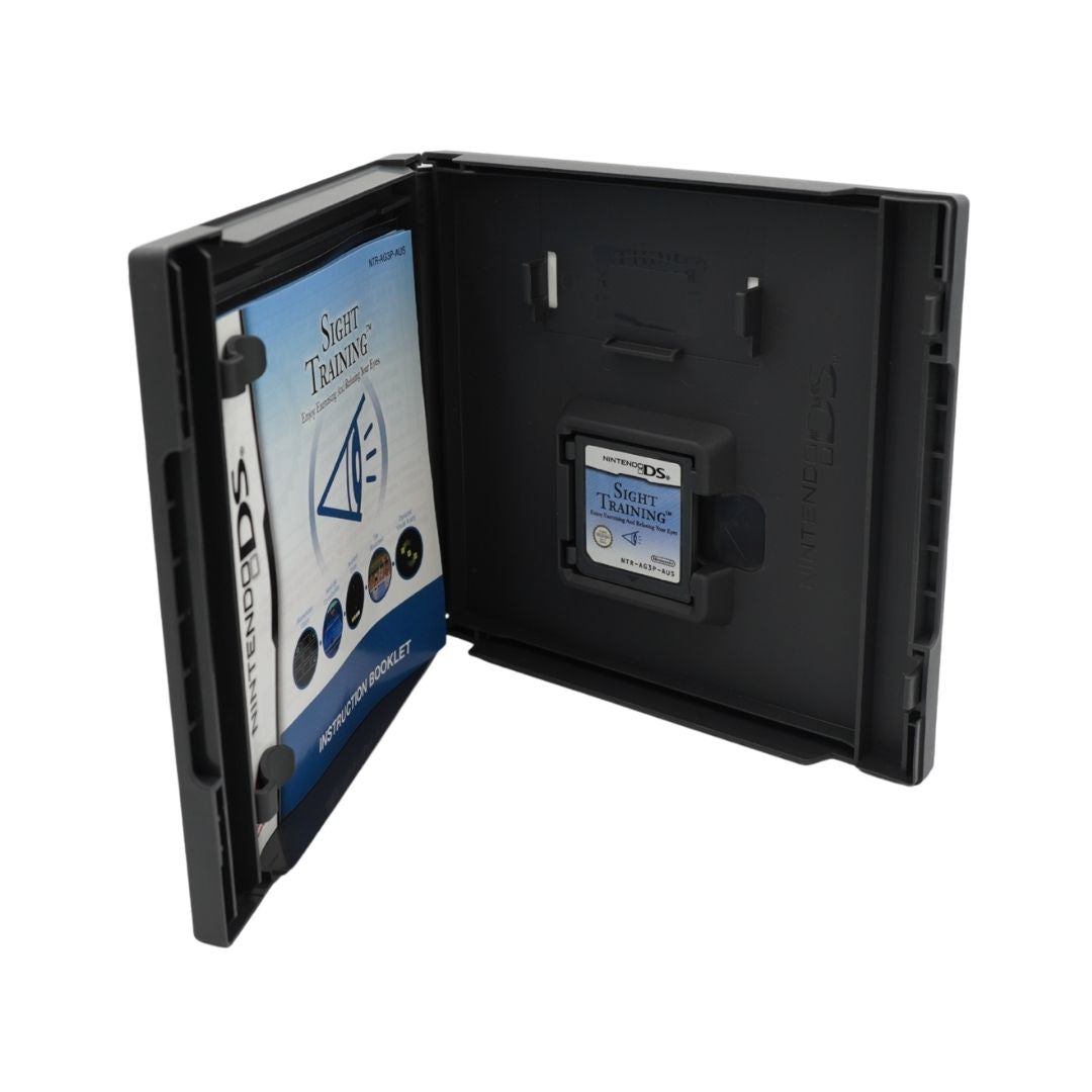 A black plastic Nintendo DS game case shown open, with the left door hinged and displaying the 'Scarlet Trauma' game insert, and the inside cover holding a cartridge.