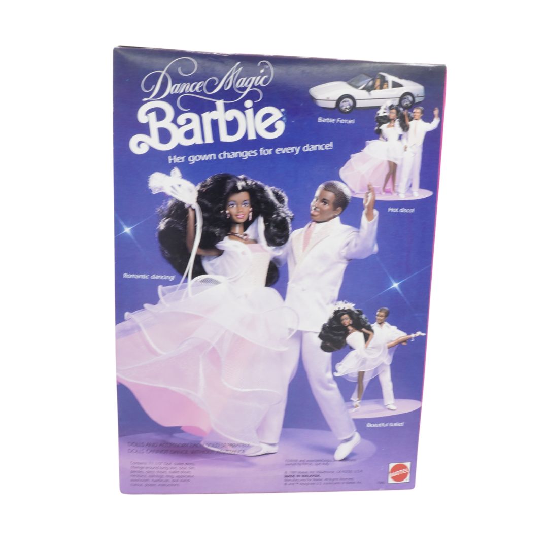 Box for Dance Magic Barbie doll with a white gown and a man in a suit on a purple background.