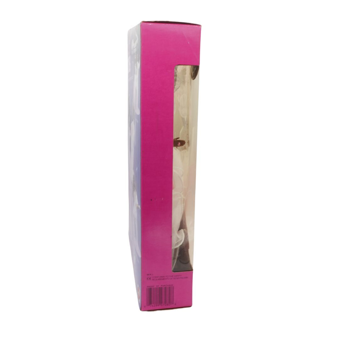 Pink packaging box with a clear window showing a product inside on a white background