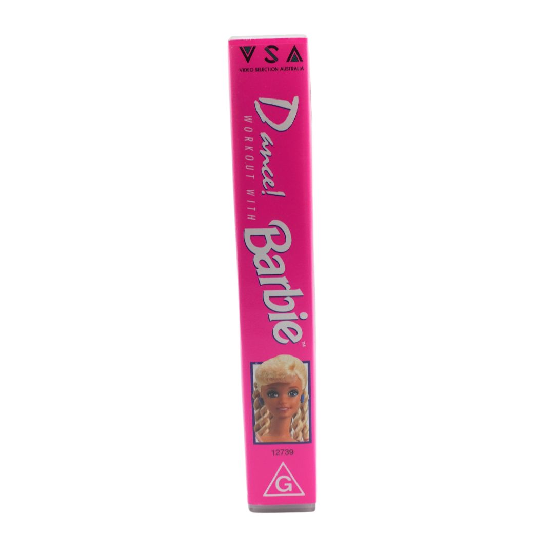 A hot pink cover of a VHS for Dance! Workout With Barbie, featuring Barbie in a star themed workout outfit