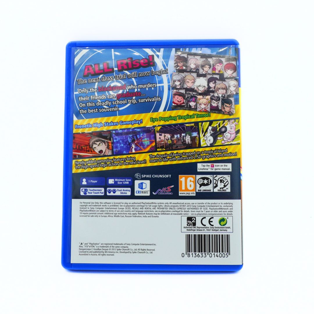 The back cover of a blue plastic game case for the video game 'Dangan Ronpa 2' showing various character illustrations, feature highlights, and rating logos on a white background.