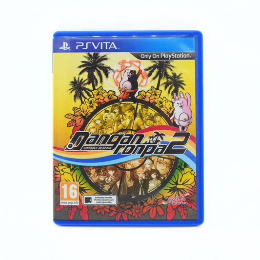 PSVITA game case for Danganronpa 2: Color of Eyes, featuring colorful character artwork and tropical palm tree graphics on a white background.