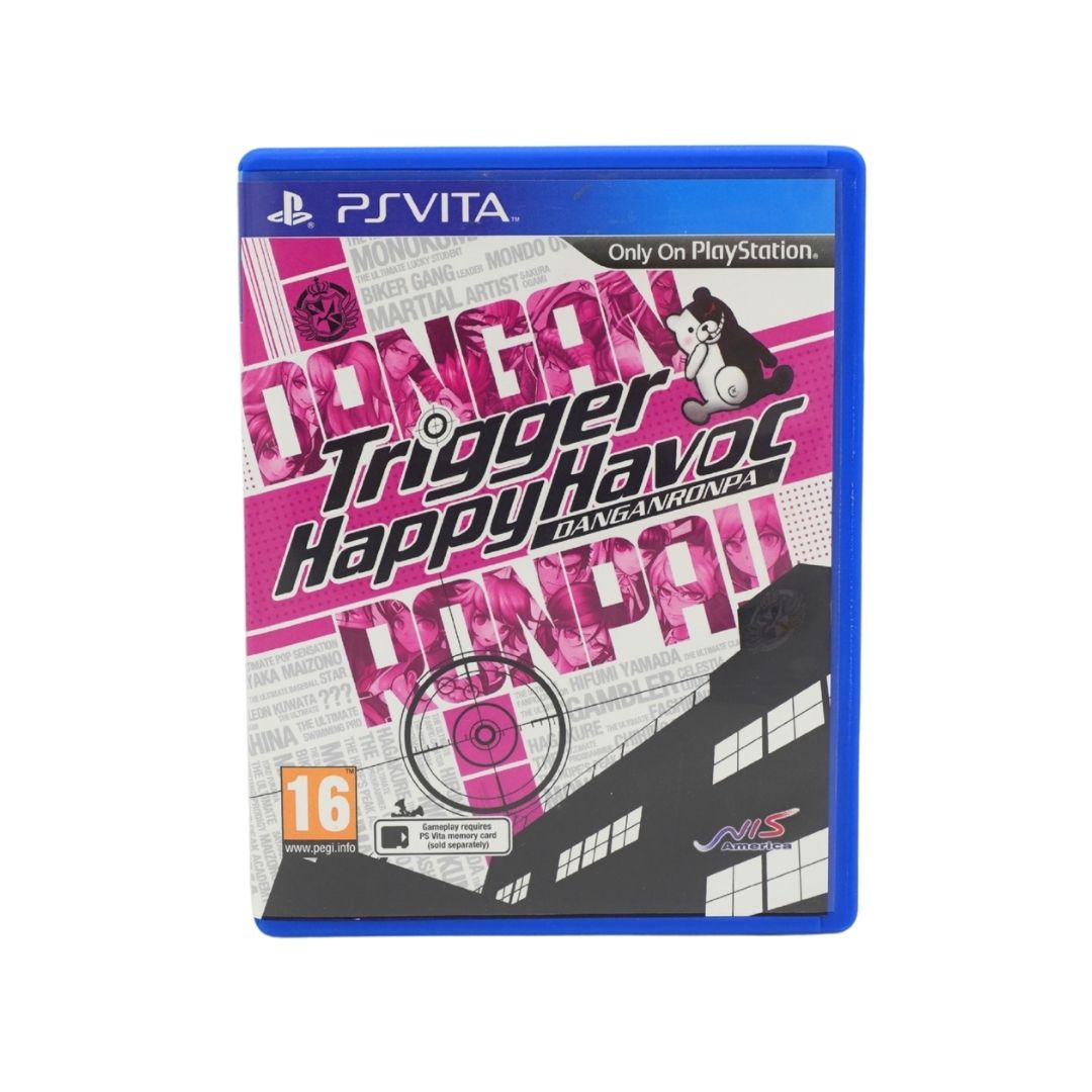 PS Vita game case for Danganronpa: Trigger Happy Havoc, featuring a blue PlayStation Vita case with a pink, black, and white illustrated cover.