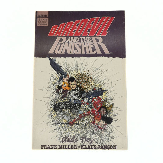 A comic book titled 'Daredevil and the Punisher' featuring a dark purple top section with bold red and white title text, and a cream-colored lower section with illustrated action art and the names Frank Miller and Klaus Janson at the bottom.