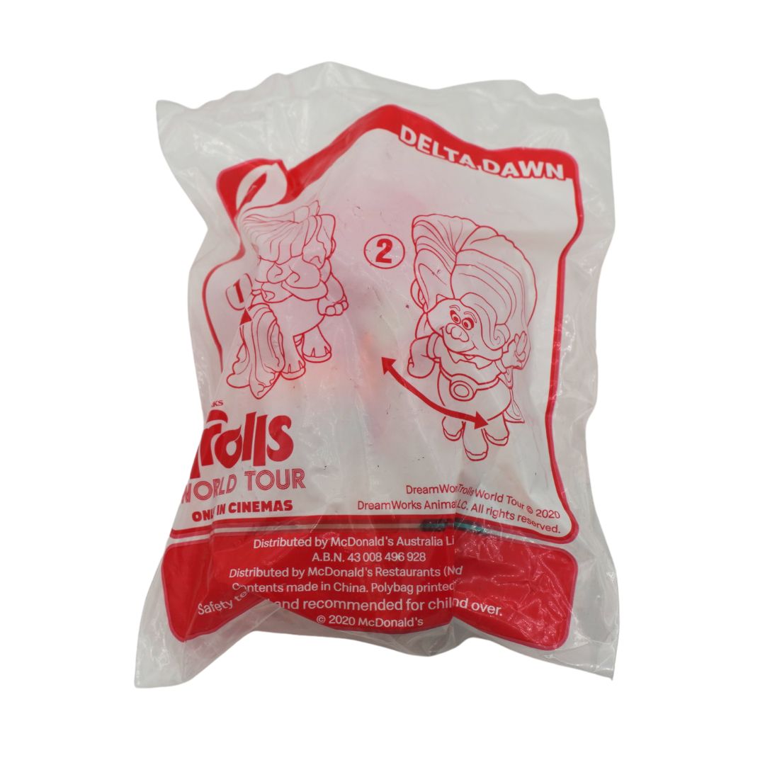 A sealed plastic bag containing a McDonald's Trolls World Tour Happy Meal toy, featuring a red printed Delta Pawn illustration on a white background.