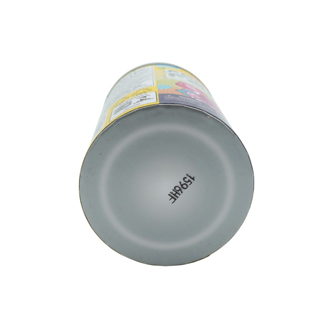 A single cylindrical metal can shown on a plain white background, photographed from above and rotated to display its bottom base, which has the black printed text '15961F'. The can features a colorful label with yellow, green, and pink sections near the top.