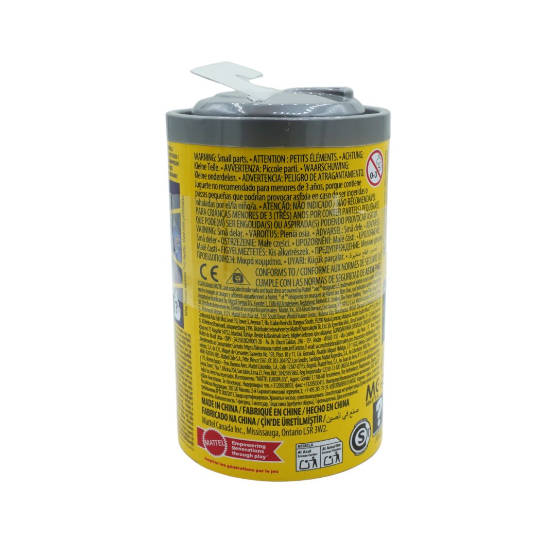 A yellow can released by Mattel with a grey top, photographed against a white background
