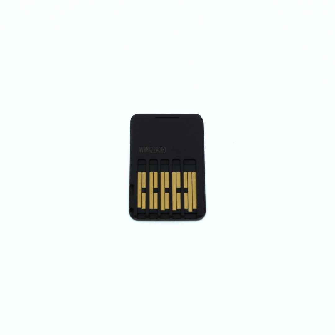 A small black rectangular electronic component with gold metal pins on one side, centered on a plain white background.