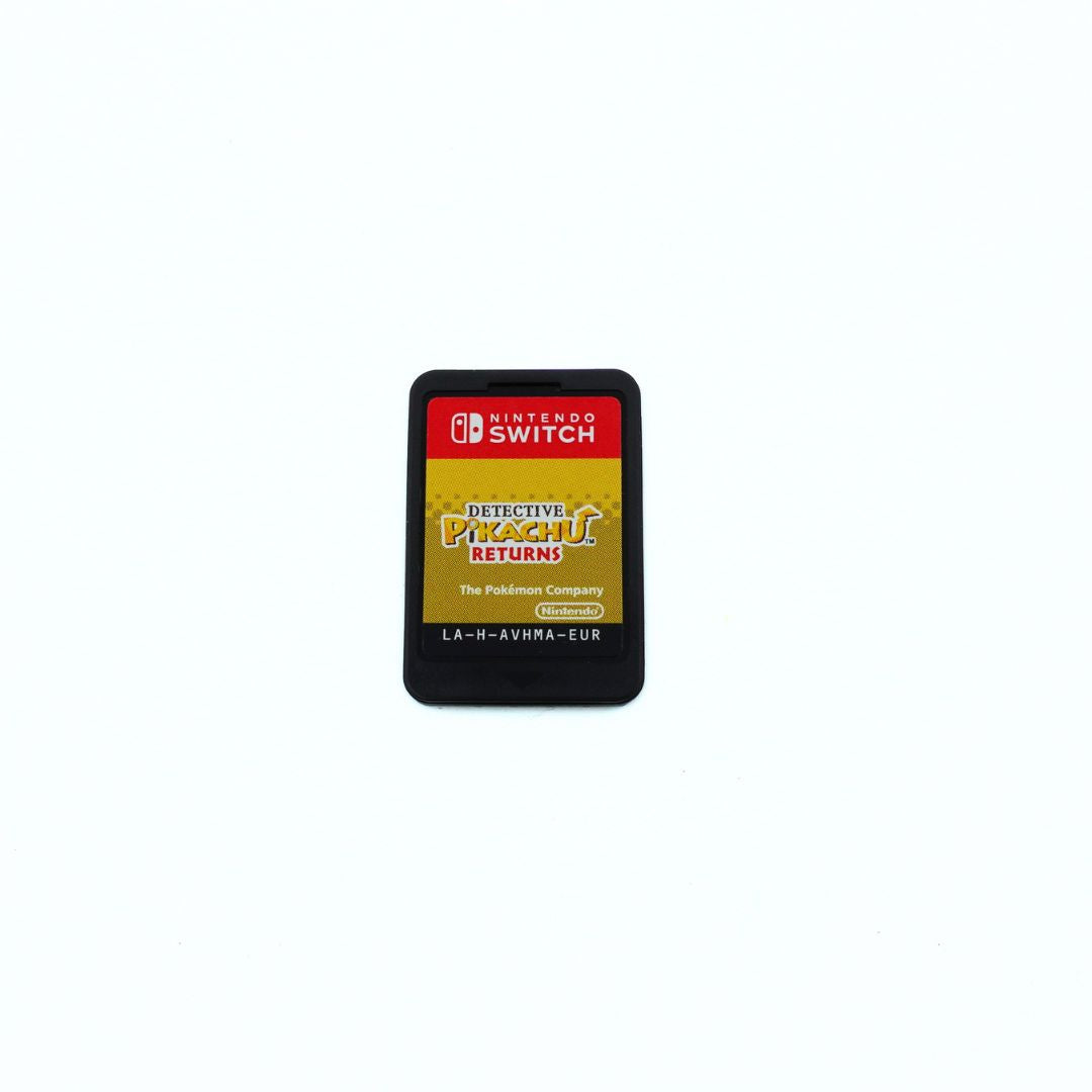 Nintendo Switch game cartridge for Detective Pikachu Returns, featuring a black plastic cartridge with a gold and red label, centered on a plain white background.