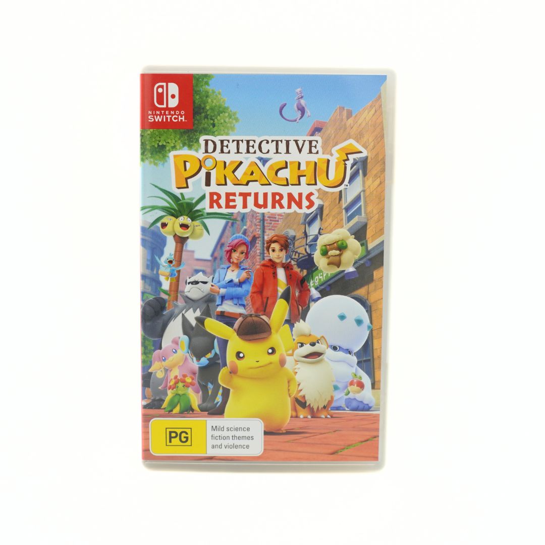 Nintendo Switch game case for Detective Pikachu Returns, featuring Pikachu, and other characters on the cover, photographed against a plain white background.