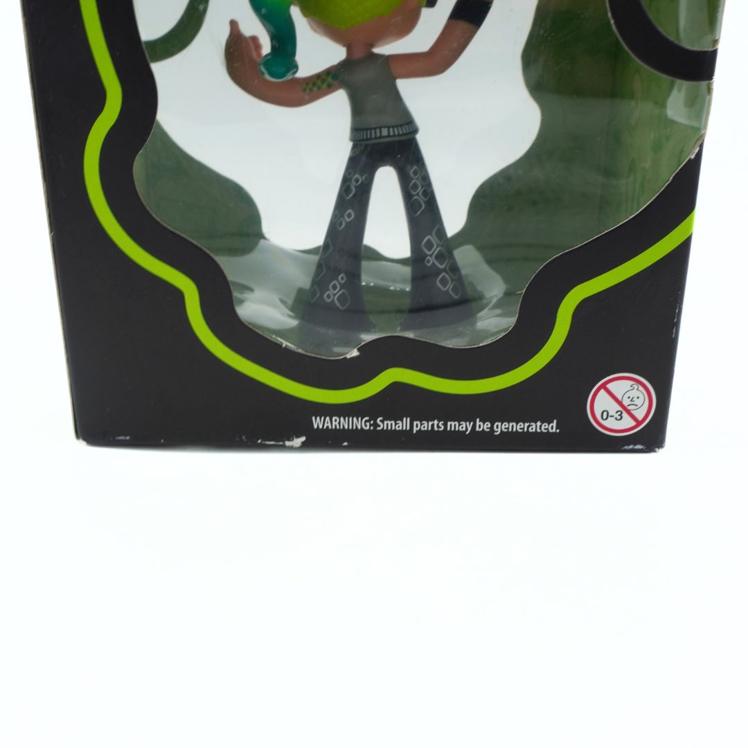 Toy figure in packaging with a warning label on a white background