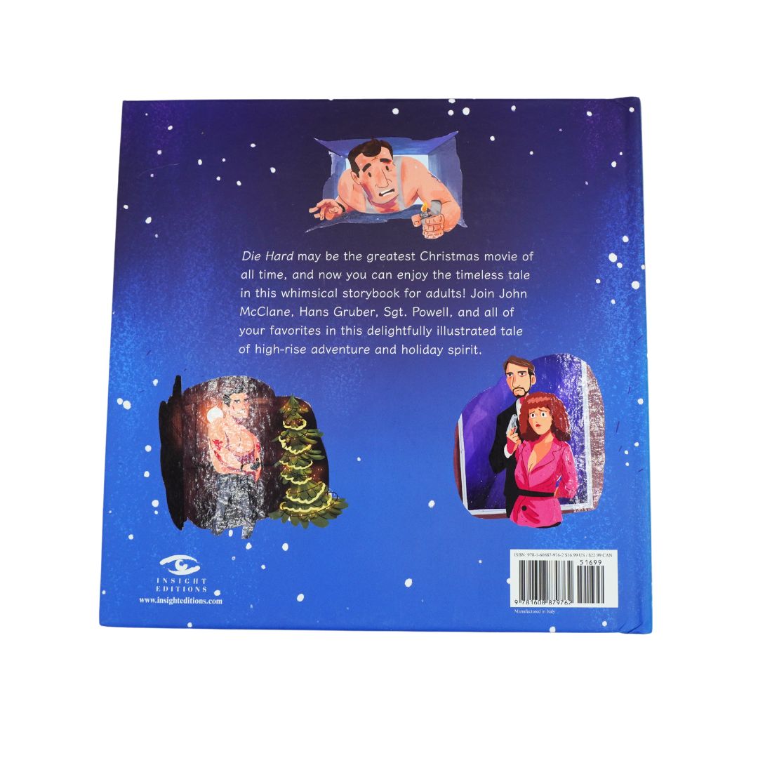 Back cover of the Die Hard illustrated Christmas book with a blue colour palette, photographed on a white background