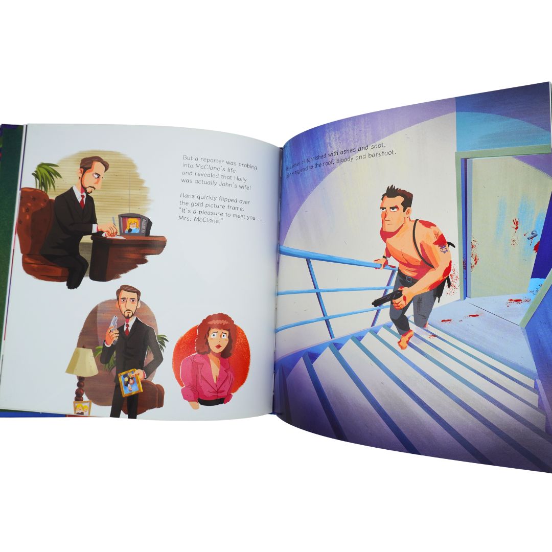 Inside page of the Die Hard Illustrated Christmas Book, showing the main characters including John McClane