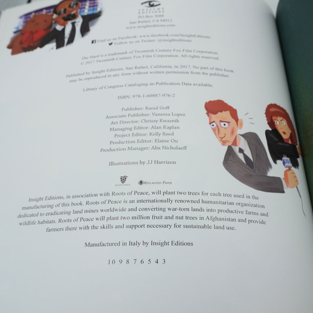 Publishing page with black text on a white backdrop showing the publishing information for the Die Hard illustrated book