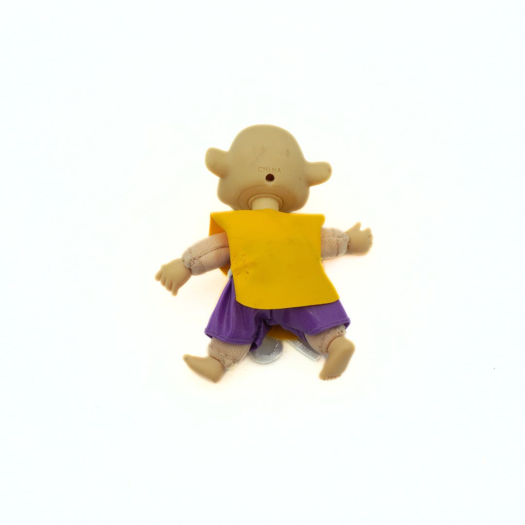 Back of a 90s Rugrats Dil Pickles toy with a life vest on, released as a Beach Collectible