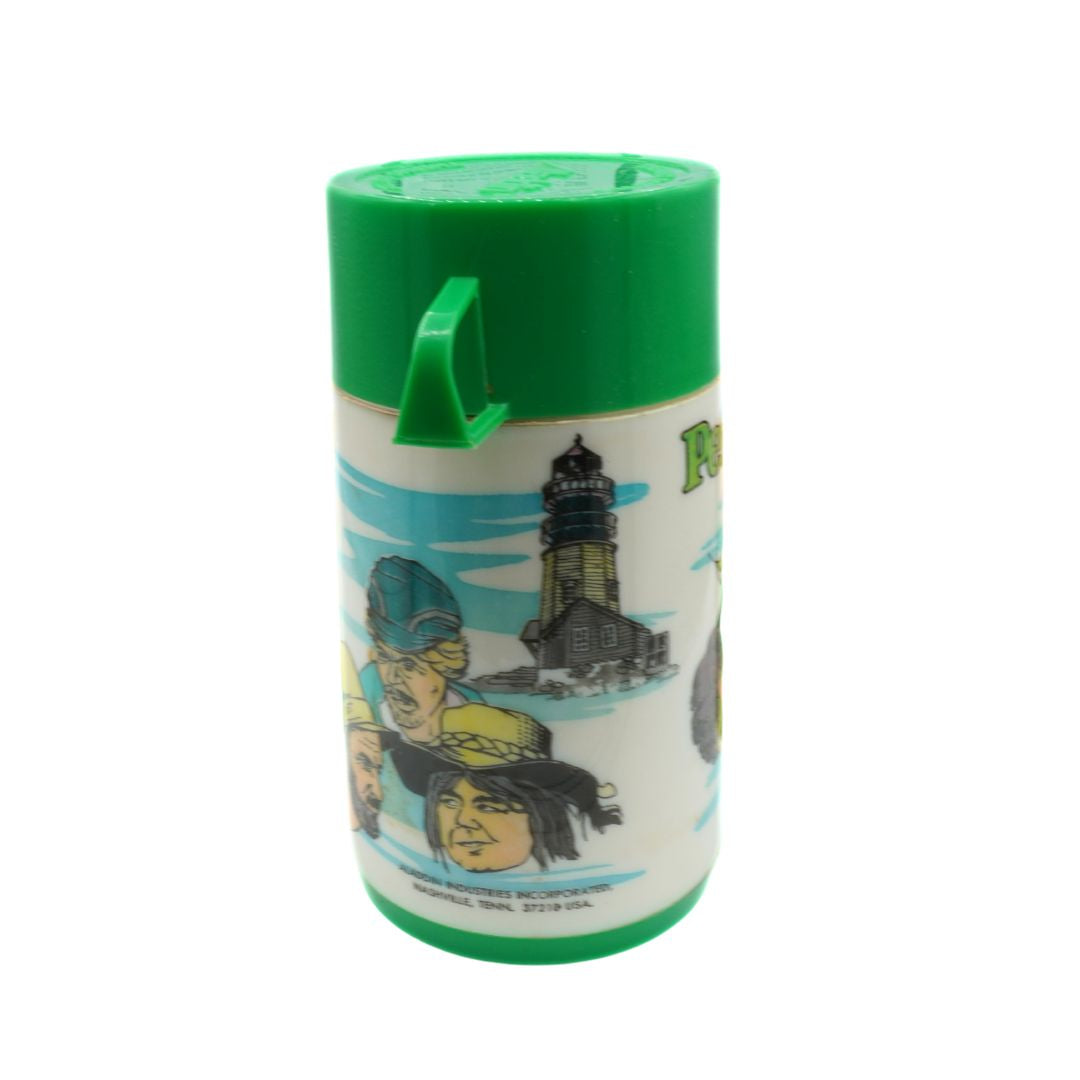 Thermos with lighthouse and person design on a white background