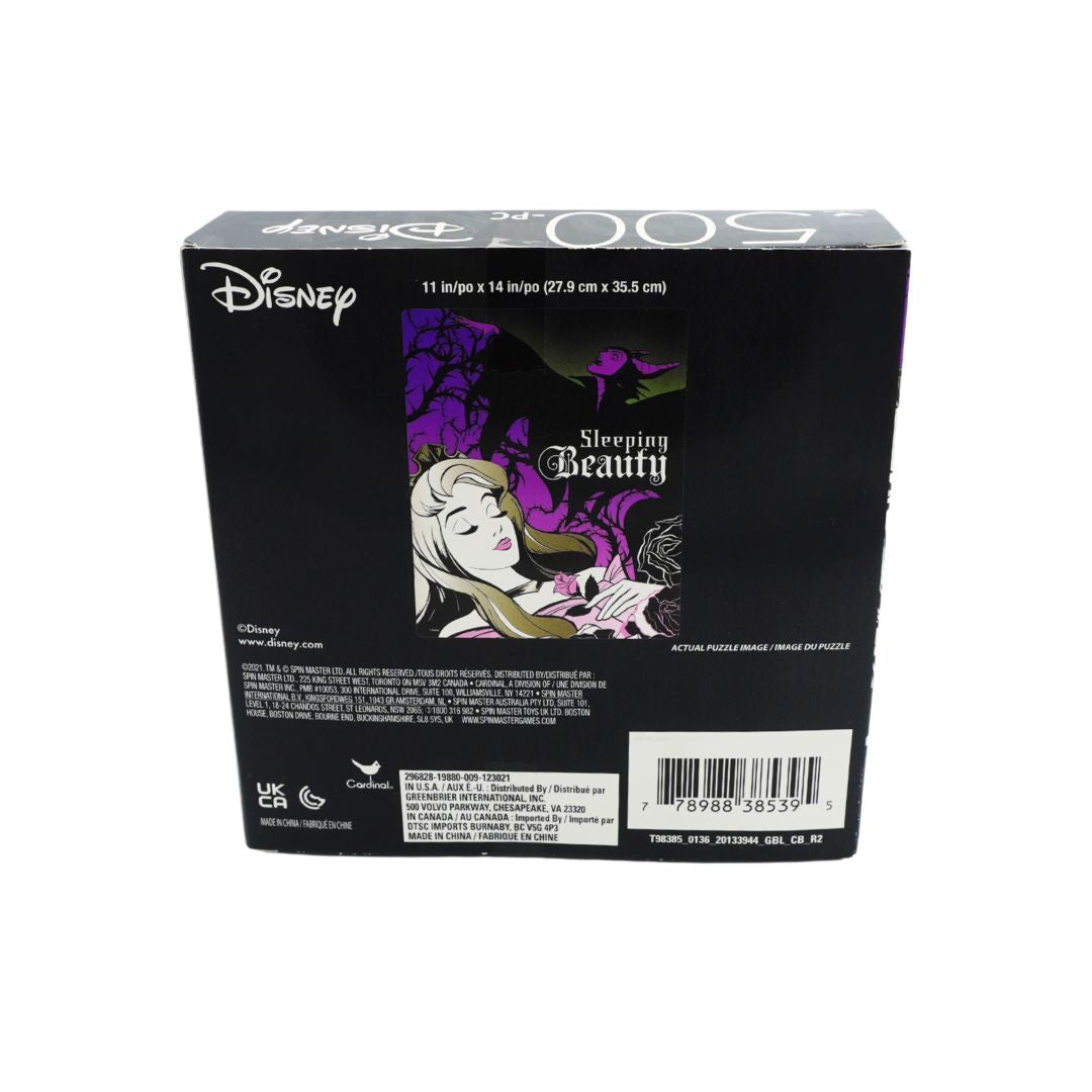Disney Sleeping Beauty 500-piece jigsaw puzzle box, showing the back side with product details, barcode, and dimensions on a white background.