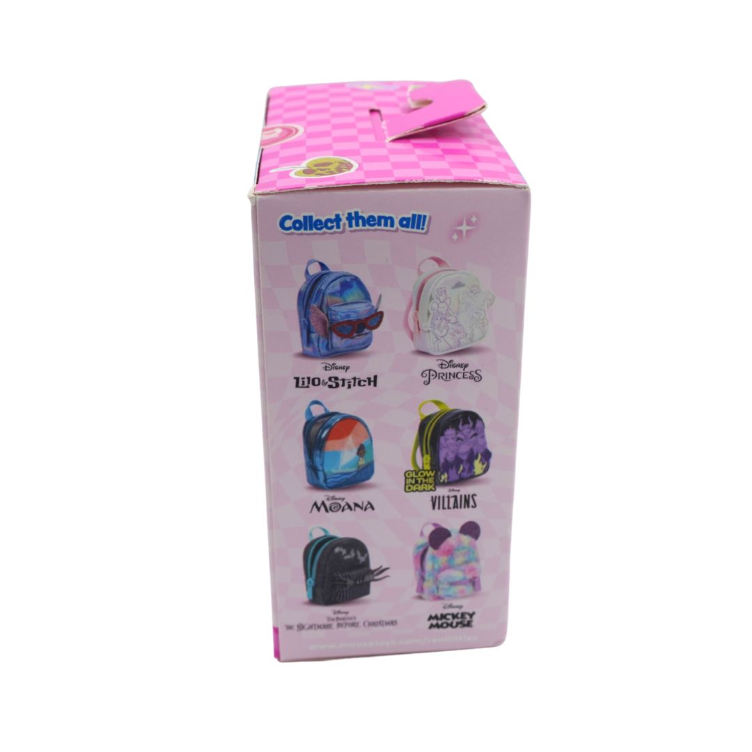 A pink plastic display box for a Disney Minis collectible blind box set, showing various character backpacks including Wink Stitch, Princess, Mickey Mouse, Myrna, Villains, and Mickey Mouse on the back panel.
