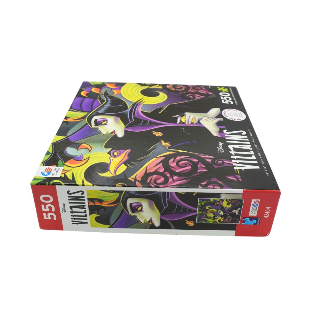 A 550-piece jigsaw puzzle box featuring Disney's Maleficent with a dark, gothic illustration on the cover, shown on a plain white background.
