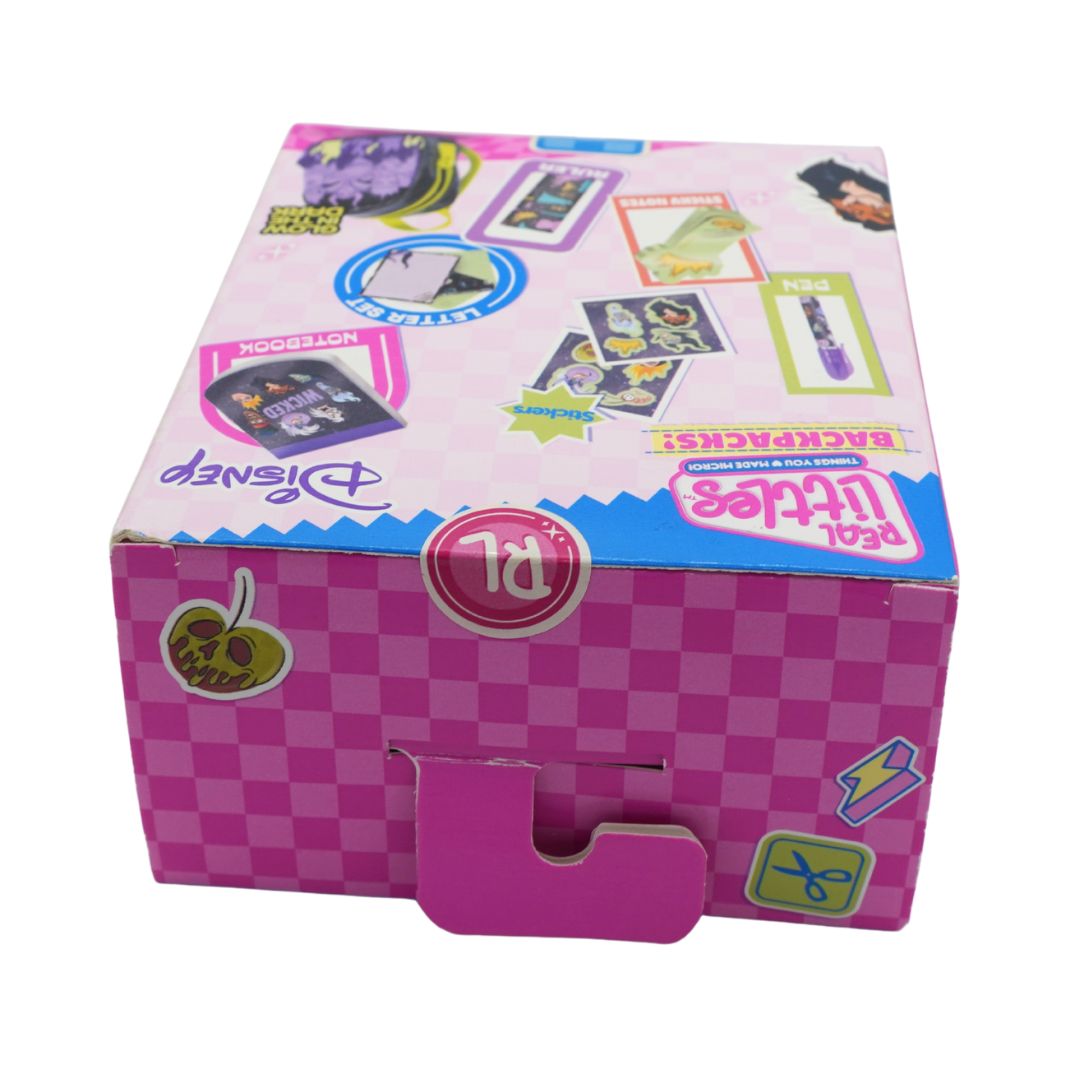 A pink and purple checkered Disney Villains backpack box with a bright pink handle, shown on a plain white background.