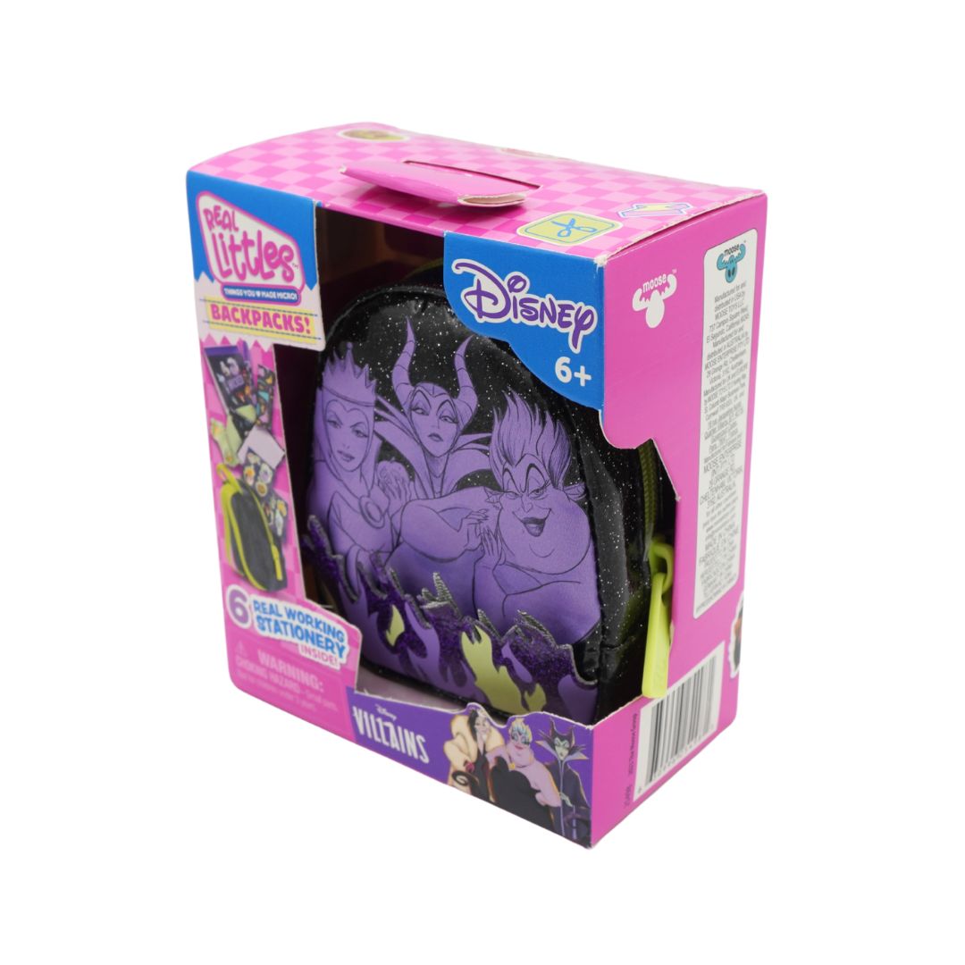 Disney Villains zippered backpack in its original pink packaging box, featuring Ursula and Maleficent on the front.