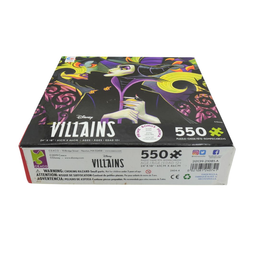 Disney Villains 550-piece jigsaw puzzle box featuring Maleficent artwork on a black background with colorful illustrated details and product text on the front and side.