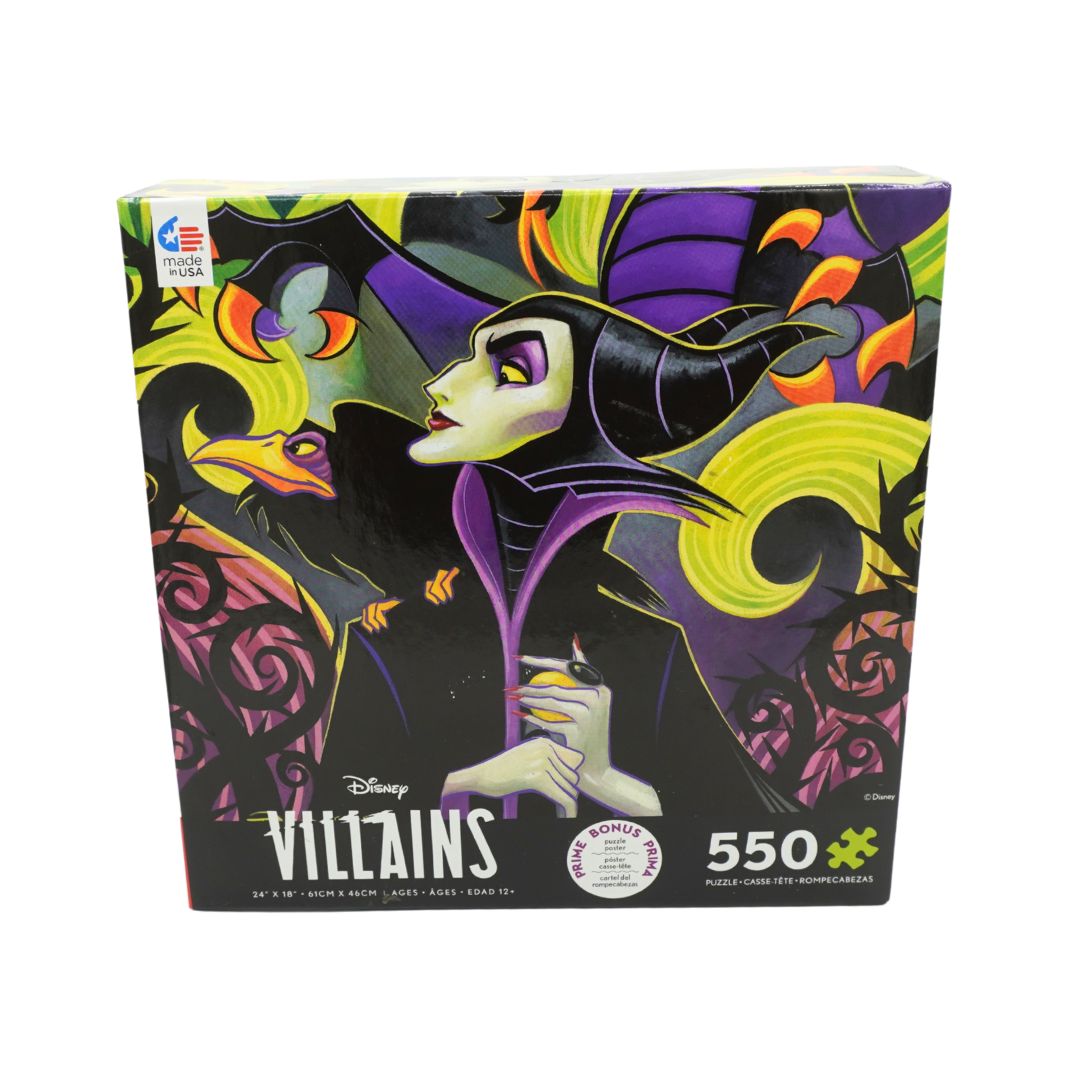 A 550-piece jigsaw puzzle box featuring Disney's Maleficent from the Villains film, shown on a plain white background.