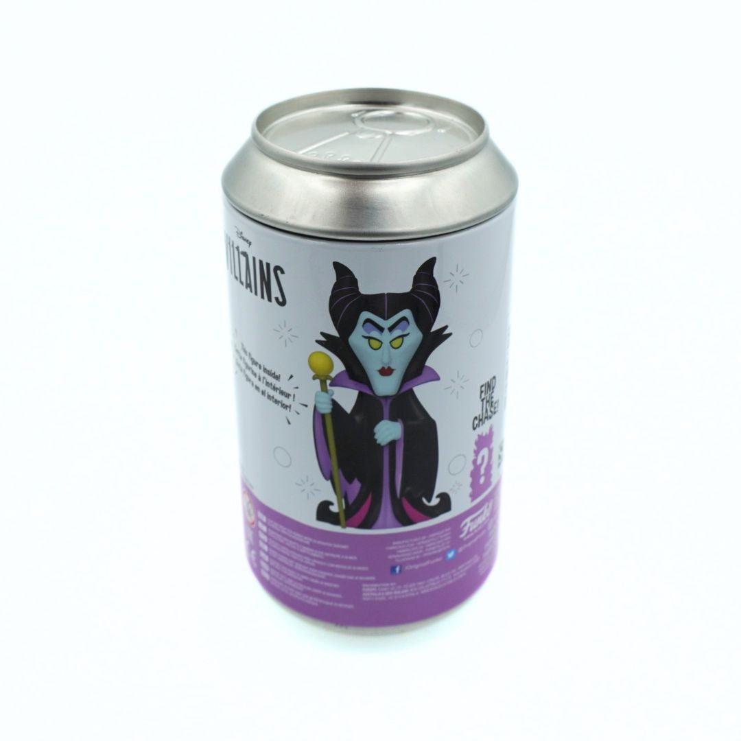 A novelty aluminum beverage can featuring Disney's Maleficent, shown on a clean white background. The can has a silver top and bottom, with a white and purple body printed with Maleficent's illustration and text.