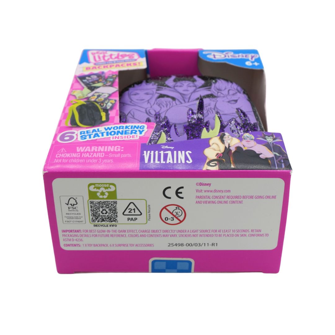 Disney Villains 6-piece real-working stationery set in its original retail packaging, featuring a purple and pink box with character illustrations of Maleficent, Cinderella, and the Disney Villains logo.