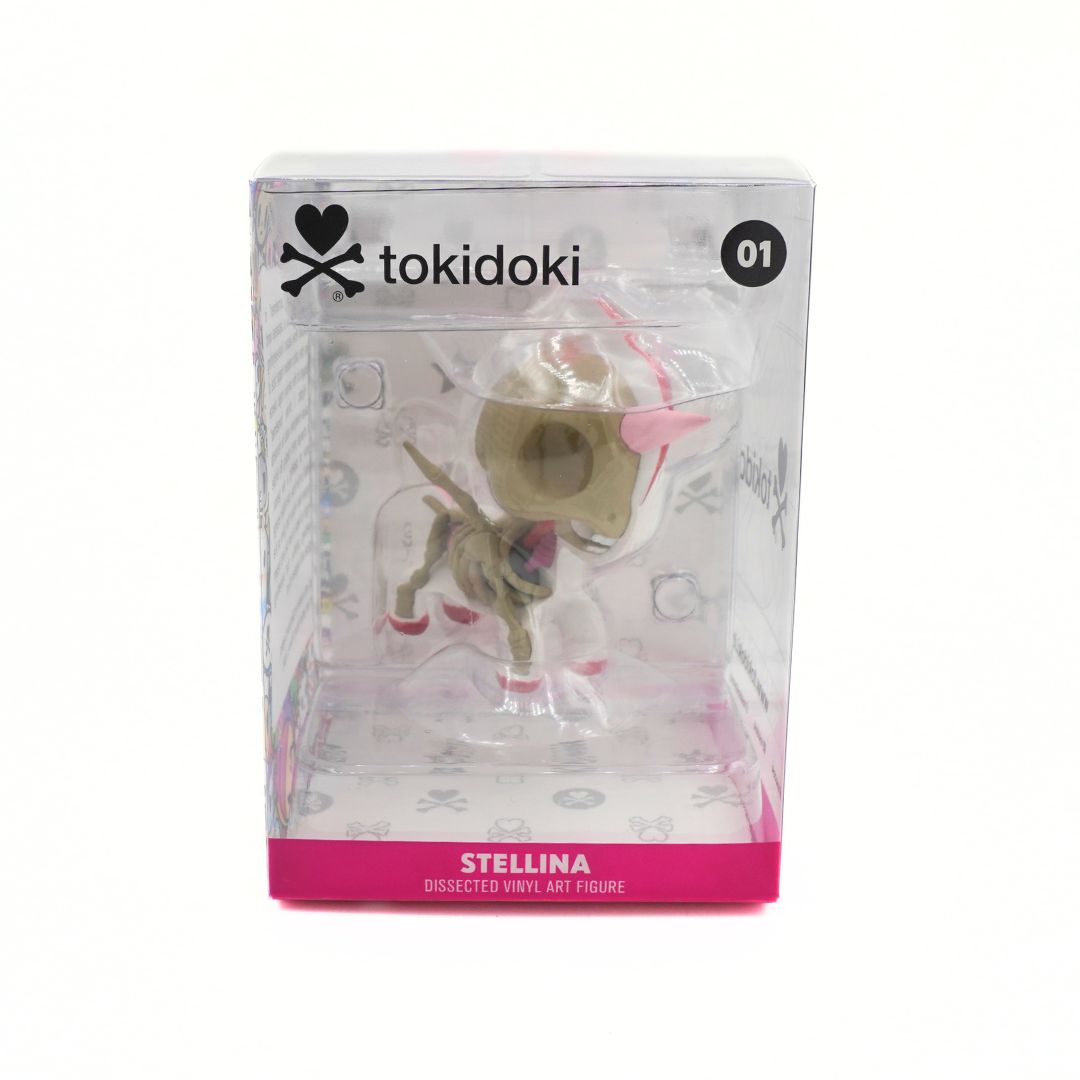 Tokidoki Stellina dissected vinyl art figure in its original clear plastic packaging with a pink base, on a white background.