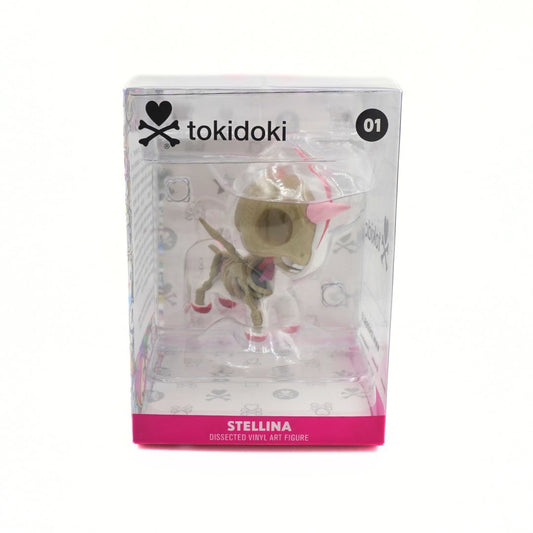 Tokidoki Stellina dissected vinyl art figure in its original clear plastic packaging with a pink base, on a white background.