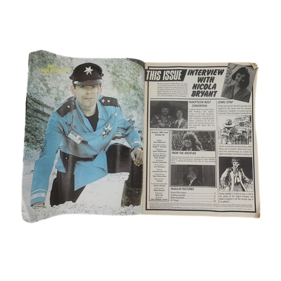 Internal cover of a 1985 issue of The Doctor Who Magazine featuring a large colour photograph and table of contents