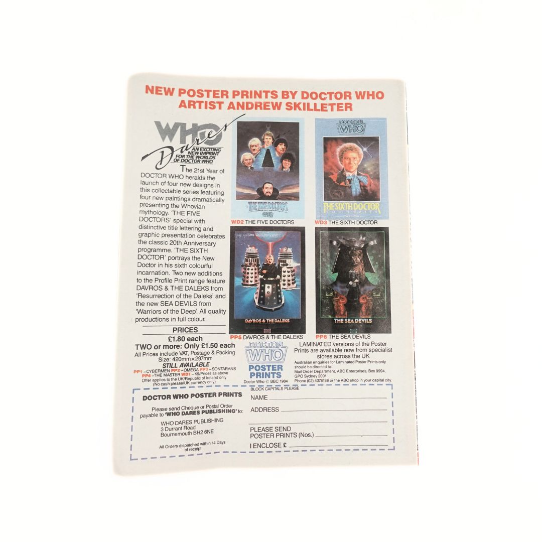 Back cover on the January 1985 issue of The Doctor Who Magazine featuring the poster print order pamphlet