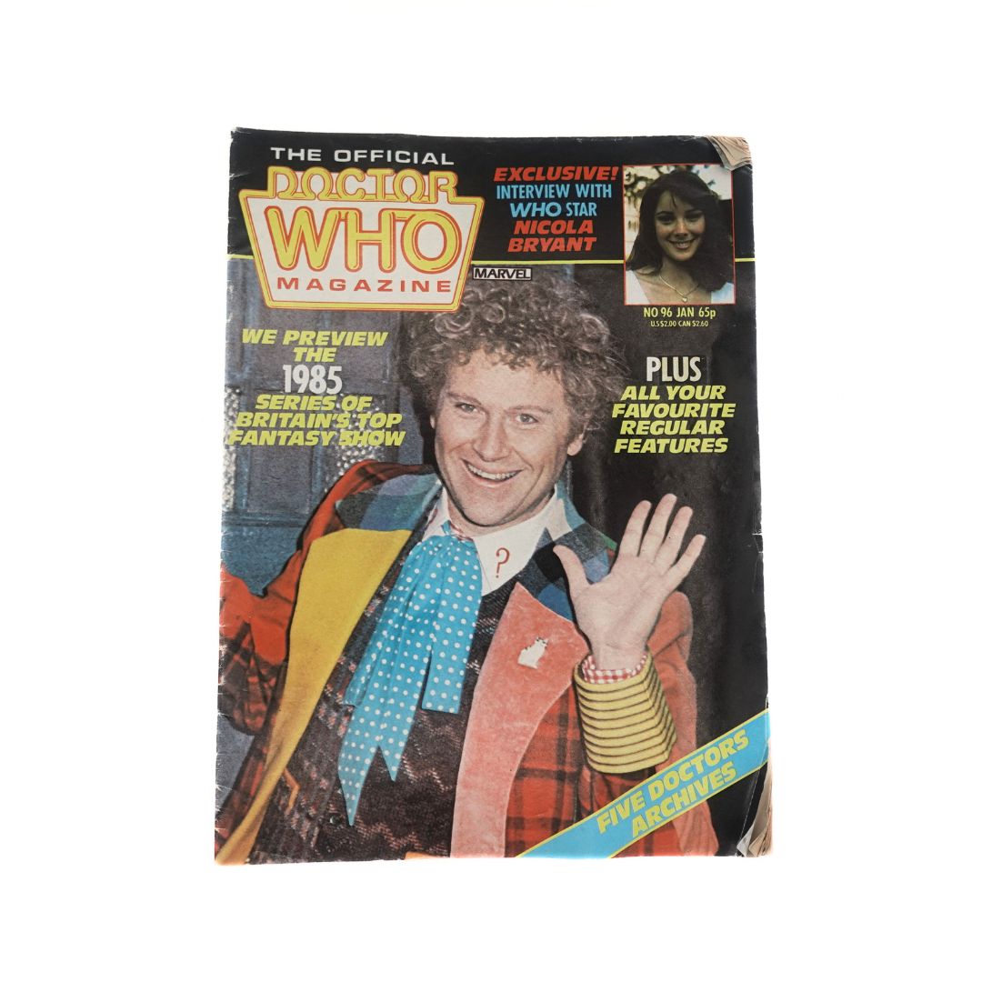 Issue 96 of The Official Doctor Who Magazine featuring photos of Colin Baker and Nicola Bryant