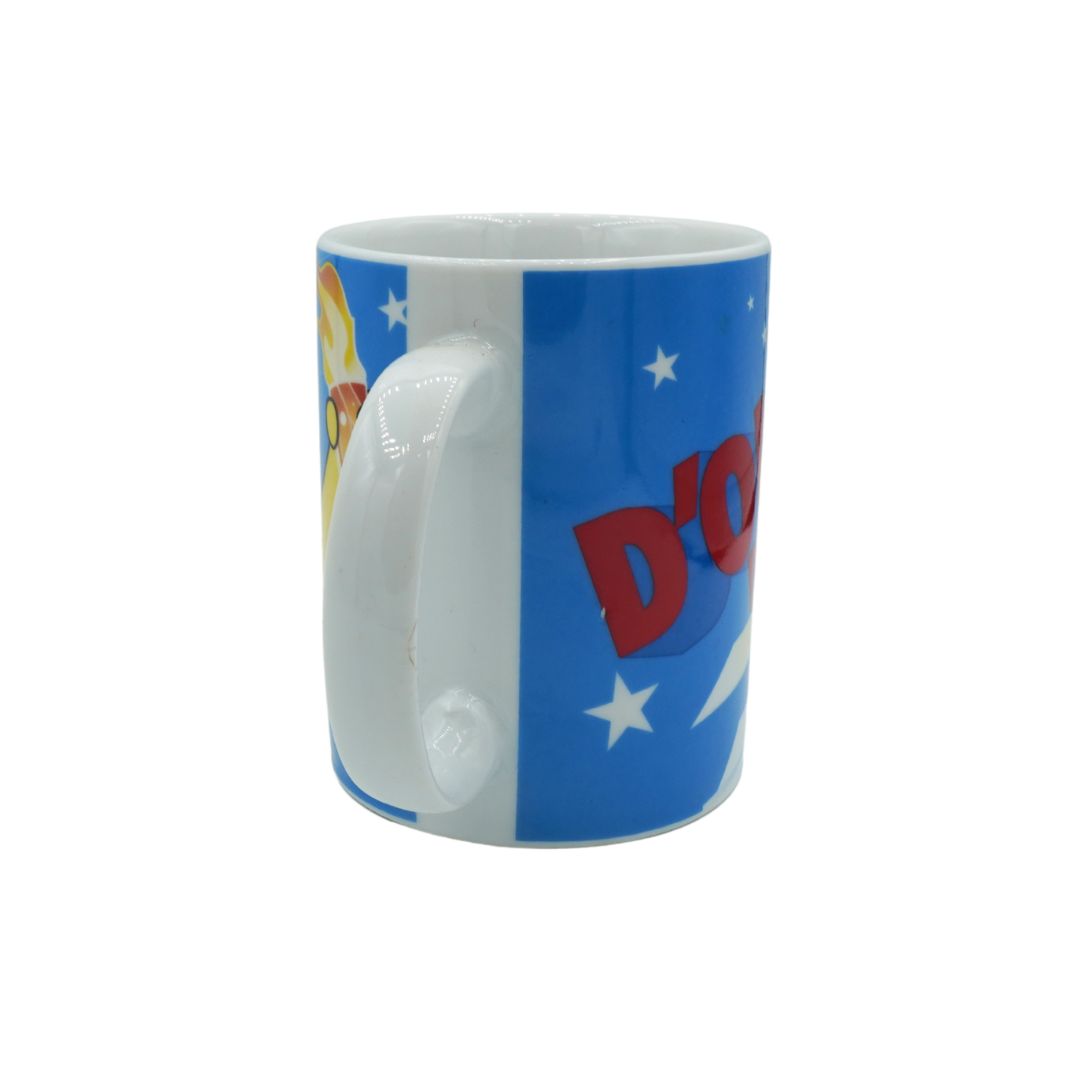Mug with blue design featuring a character and 'D'OH' text on a white background