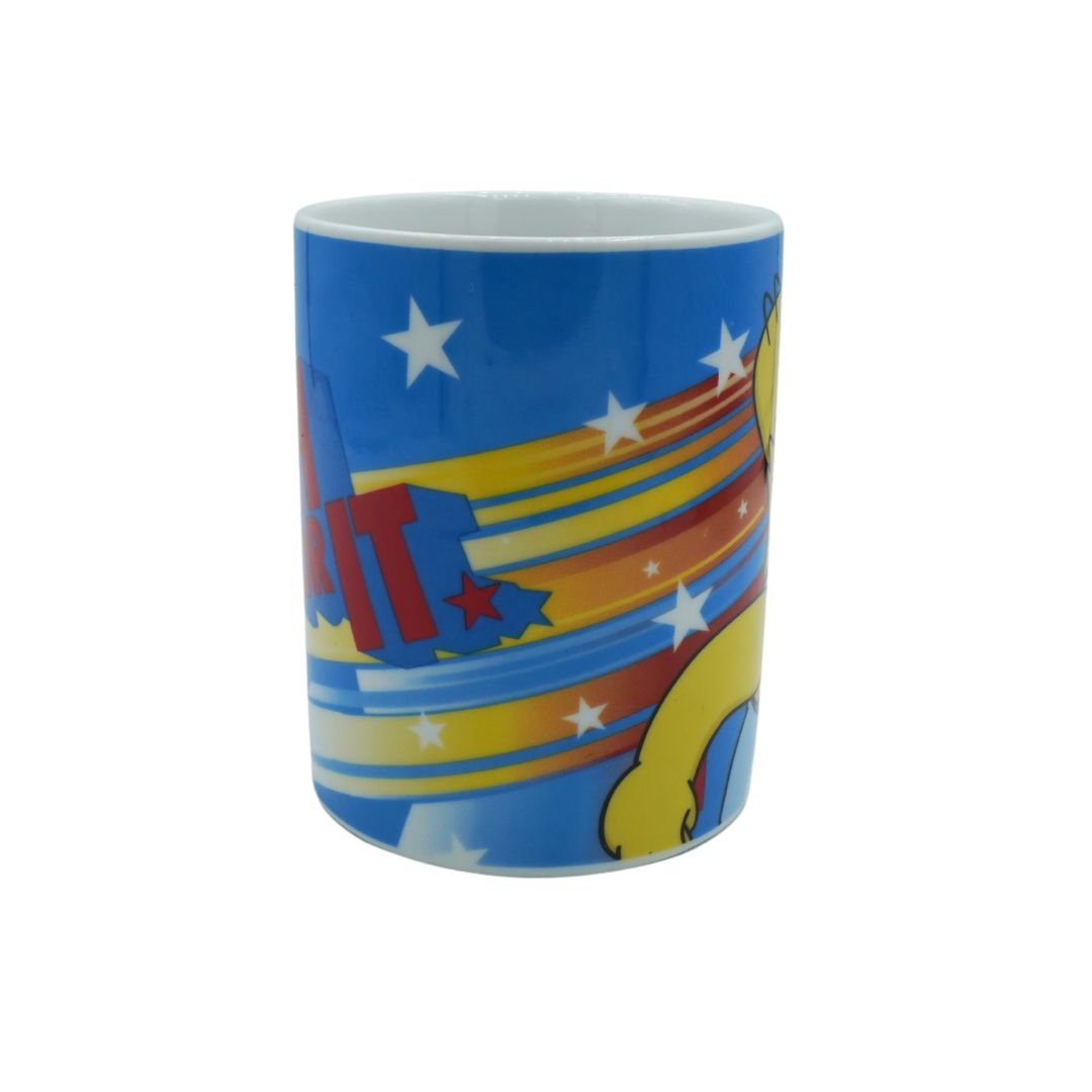 Colorful mug with a design of a dog and stars on a blue background