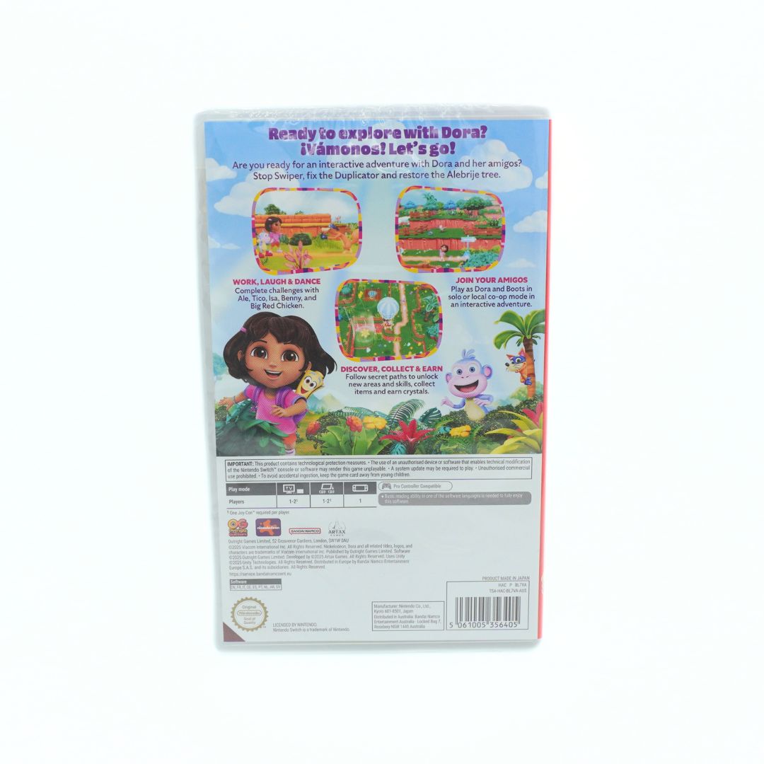 Back cover of a Nintendo Switch game featuring Dora the Explorer on a white background