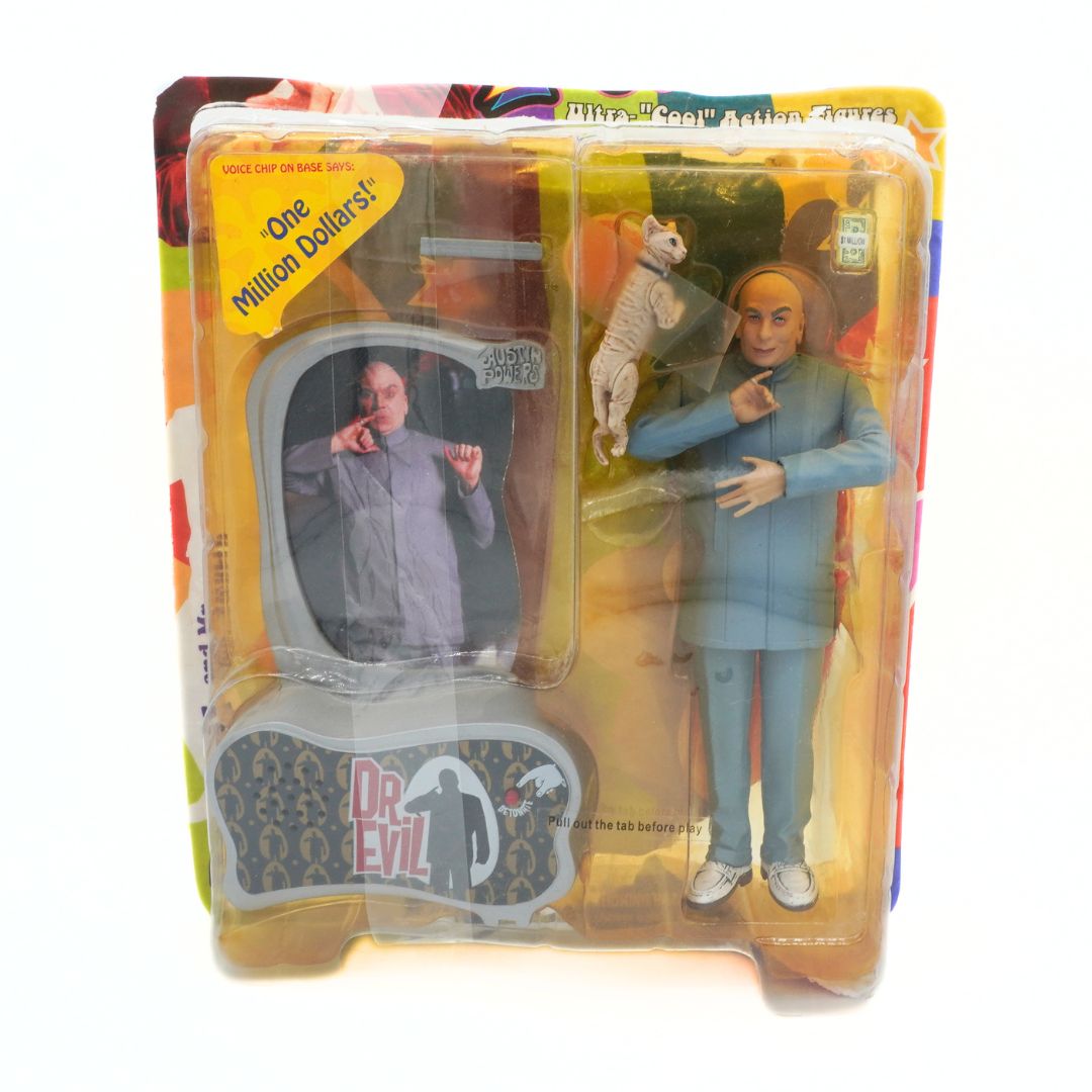 Action figure in packaging with Dr. Evil branding
