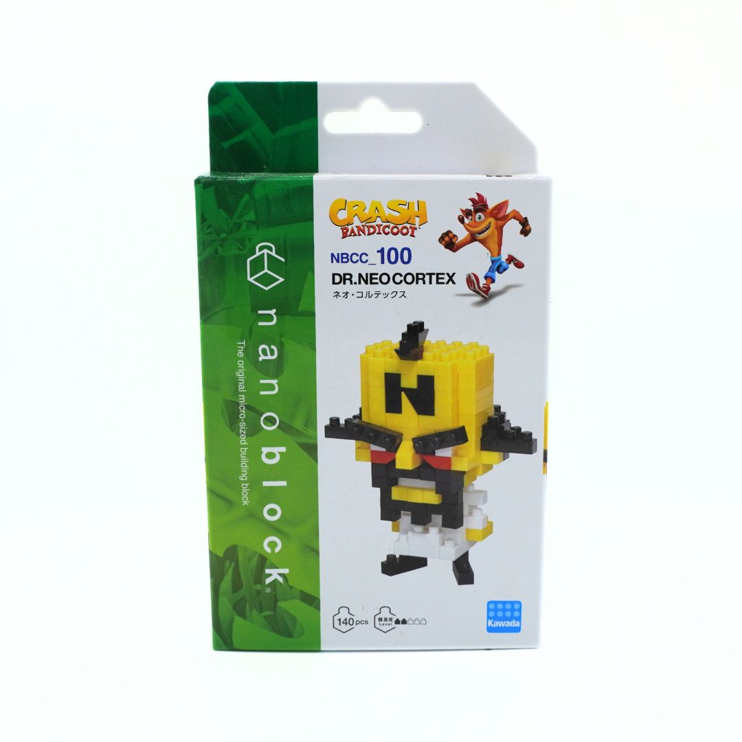 Crash Bandicoot NBCC 100 Dr. Neocortex building block set in its original retail packaging, featuring a white and green box with pixelated character graphics.