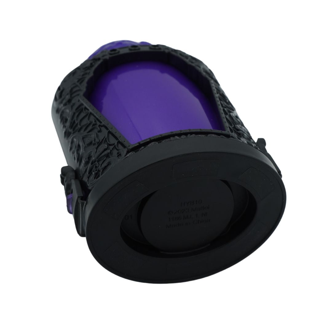 A black cylindrical container or canister with a textured outer surface and a glossy purple inner section, shown on a plain white background.
