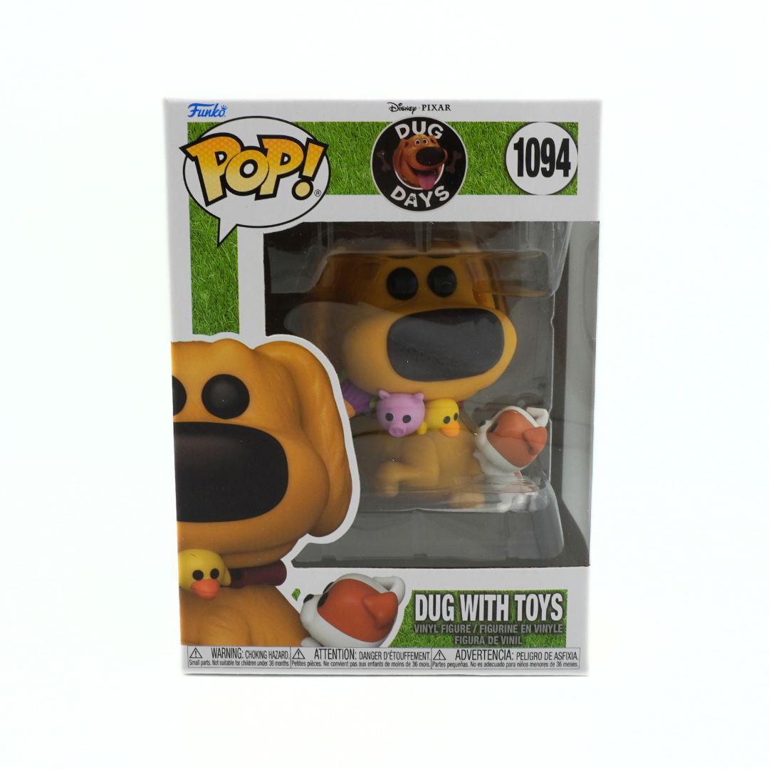 Funko Pop! vinyl figure packaging with 'Dug with Toys' design on a white background