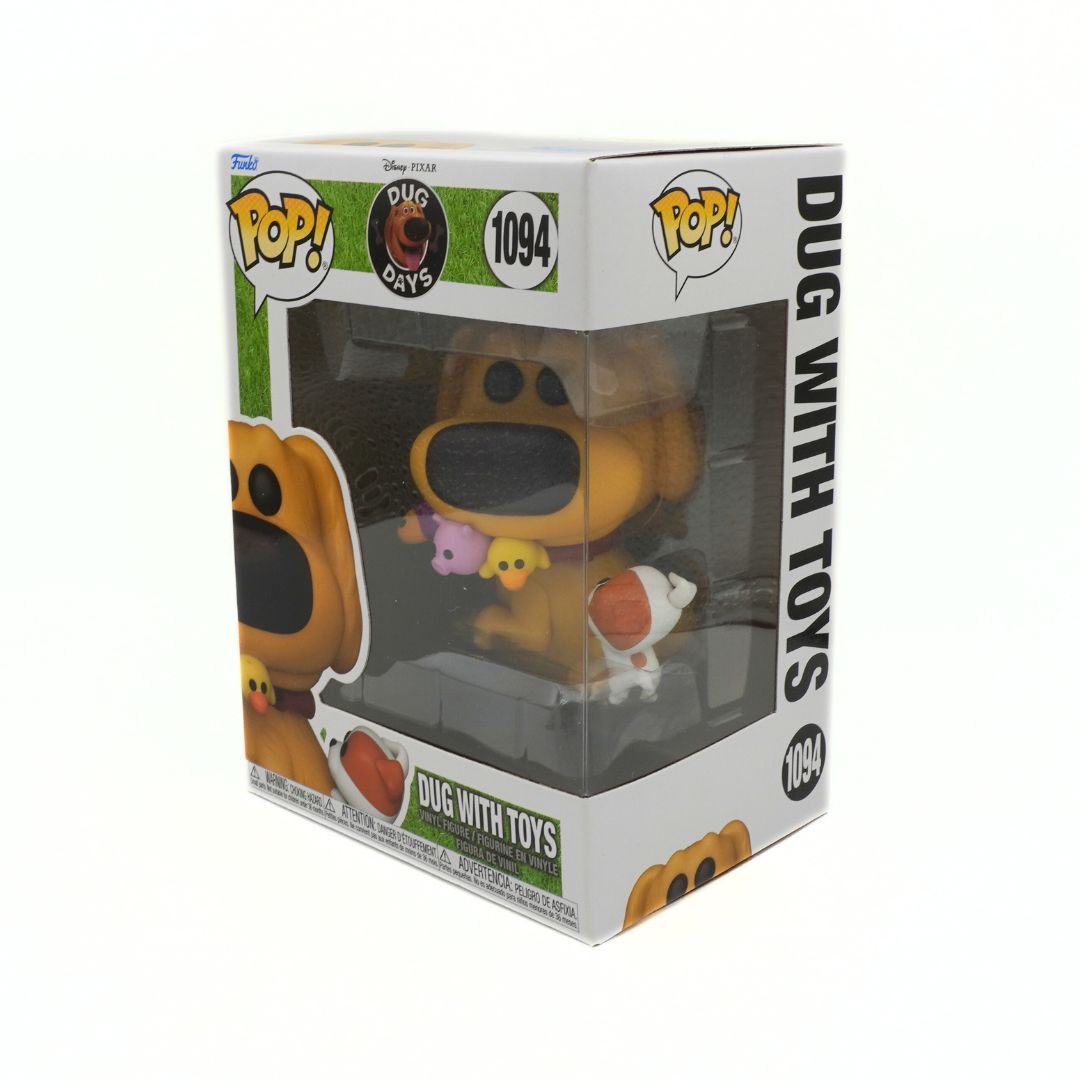 Funko Pop! vinyl figure packaging with 'Dug with Toys' on a white background