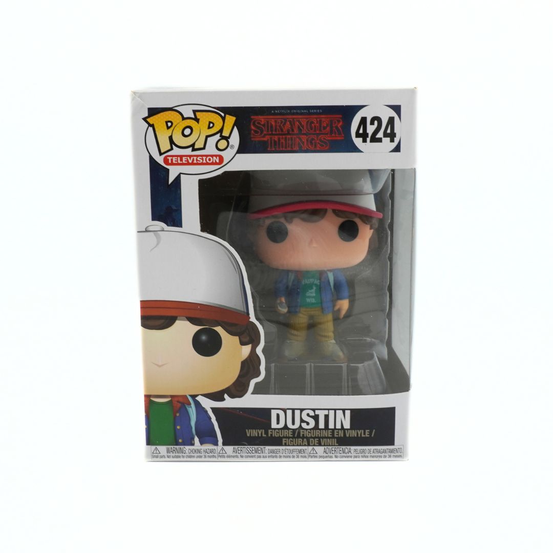 Funko Pop! vinyl figure packaging for Dustin from Stranger Things with Pop! and Television branding.