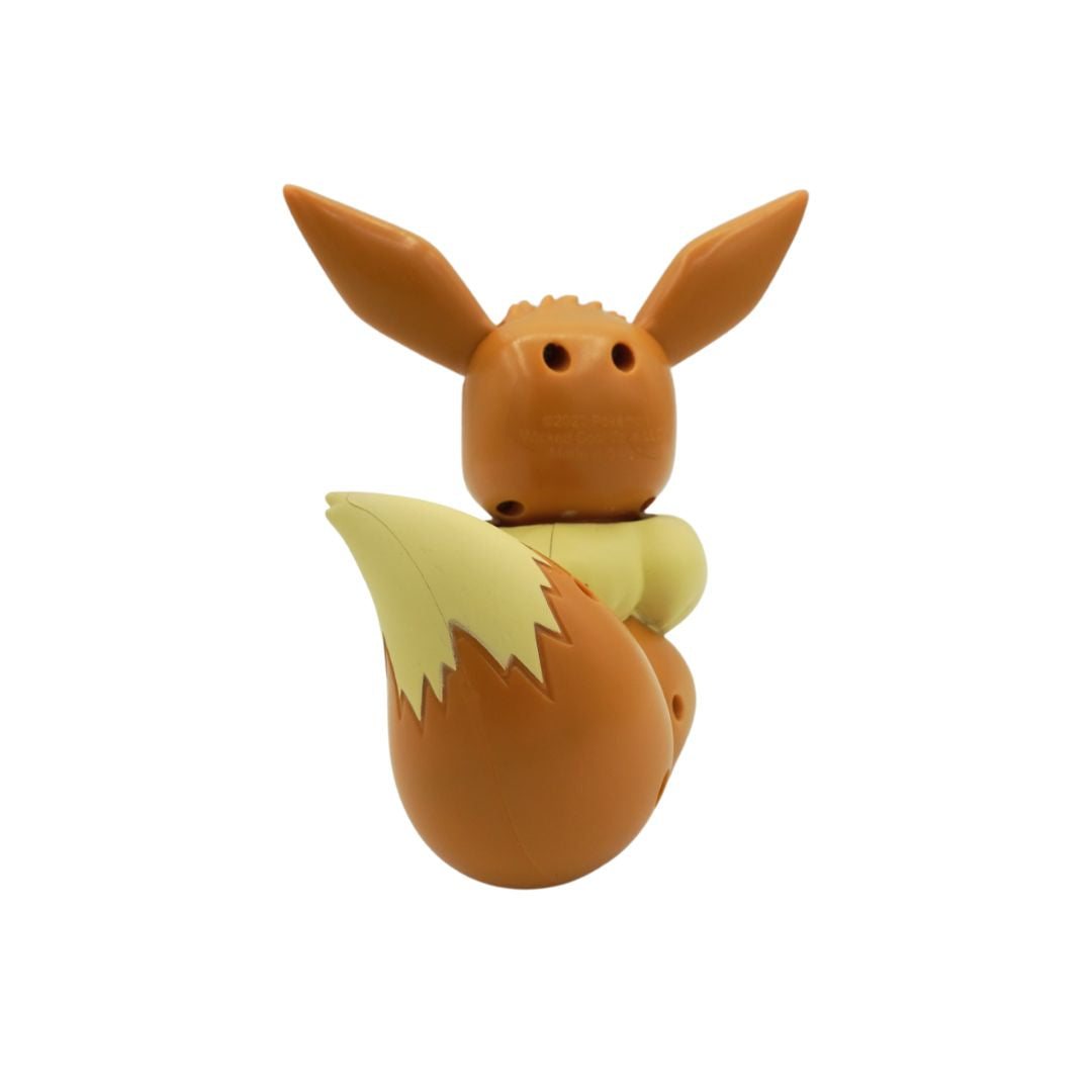 Back on picture of an Eevee electronic toy from the series Pokemon, on a white backdrop