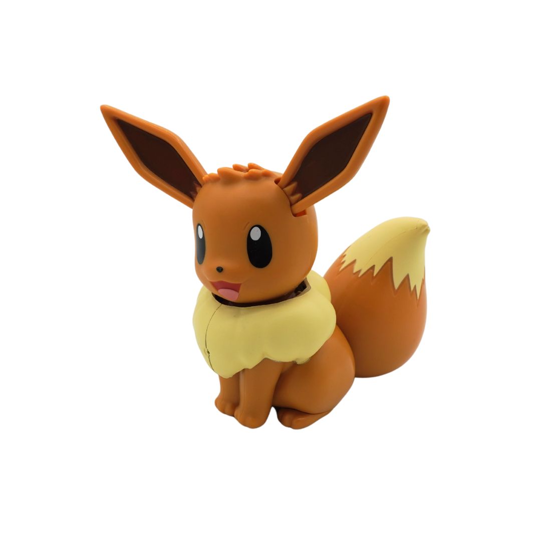 Front on picture of an Eevee electronic toy from the series Pokemon, on a white backdrop